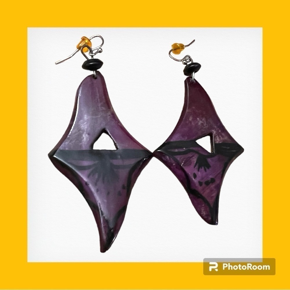 Tribal Earrings Diamond Shaped Purple Ethnic
